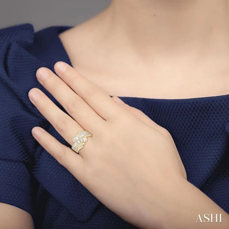 1.00 ctw Triple Row Bypass Fusion Baguette and Round Cut Diamond Fashion Ring in 14K Yellow Gold