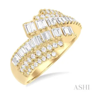 1.00 ctw Triple Row Bypass Fusion Baguette and Round Cut Diamond Fashion Ring in 14K Yellow Gold