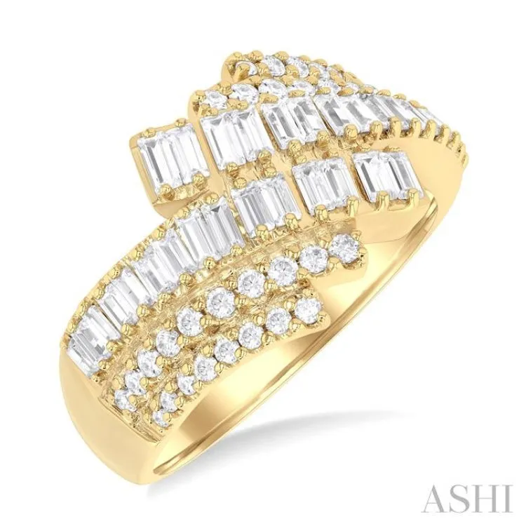 1.00 ctw Triple Row Bypass Fusion Baguette and Round Cut Diamond Fashion Ring in 14K Yellow Gold