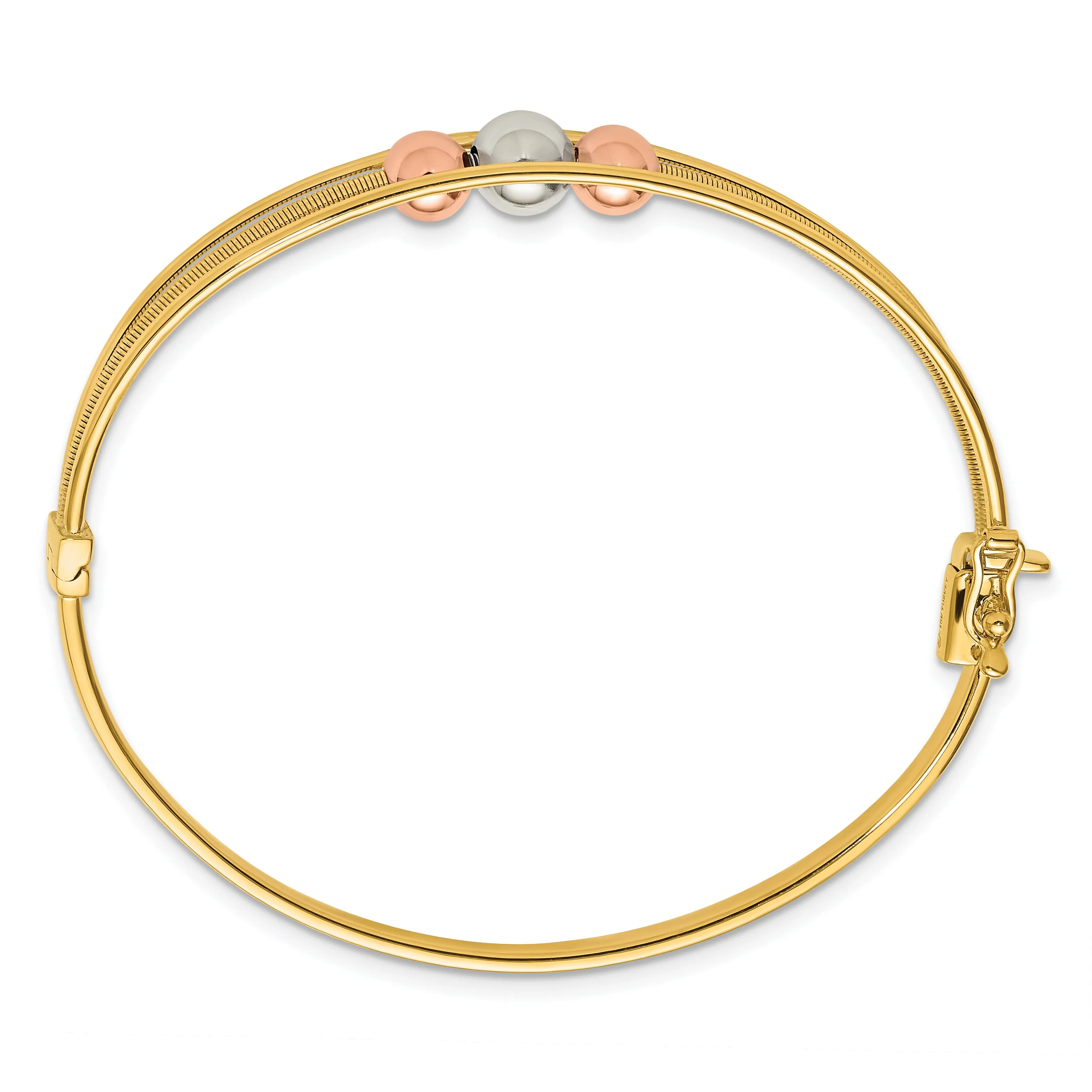 10K Tri-color Polished Beads Hinged Bangle