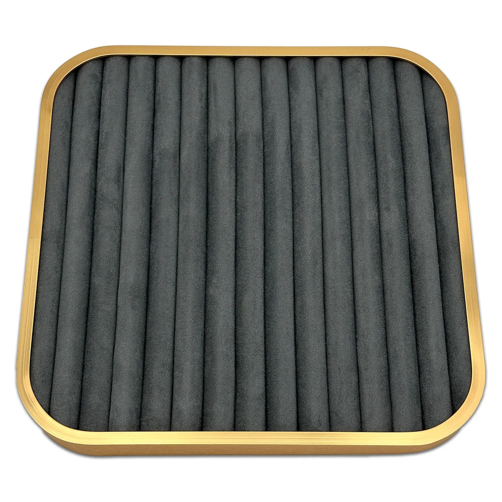 11 5/8" x 11 5/8" Gold Brushed Aluminum Gray Velvet 14 Row Ring Display Tray