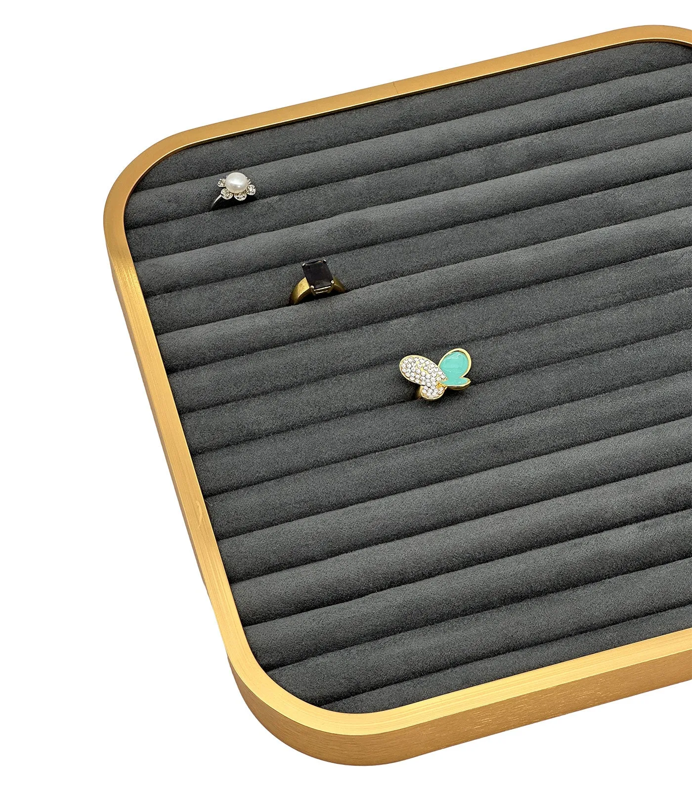 11 5/8" x 11 5/8" Gold Brushed Aluminum Gray Velvet 14 Row Ring Display Tray