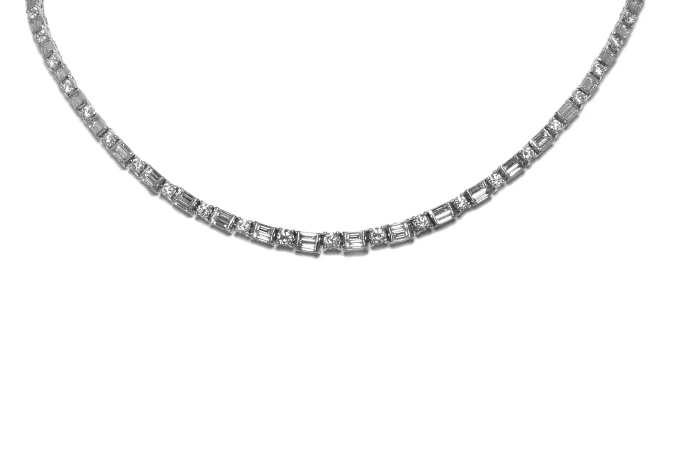 11.04 Carat Alternating Round and Baguette Cut Diamond Tennis Necklace