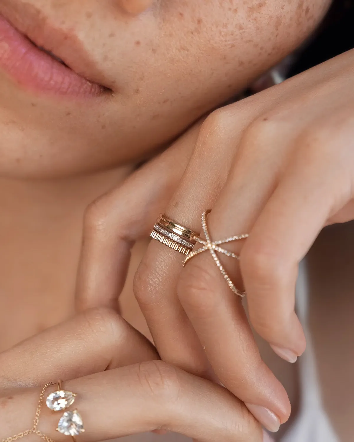 14K Gold Diamond Ribbed Ring Stack