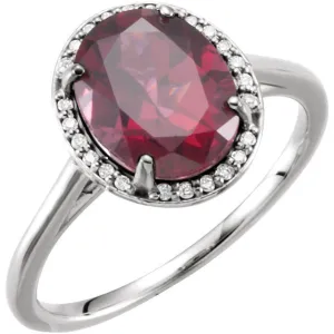 14K White Gold Oval Rhodolite Garnet & .06 CTW Diamond Halo Ring
