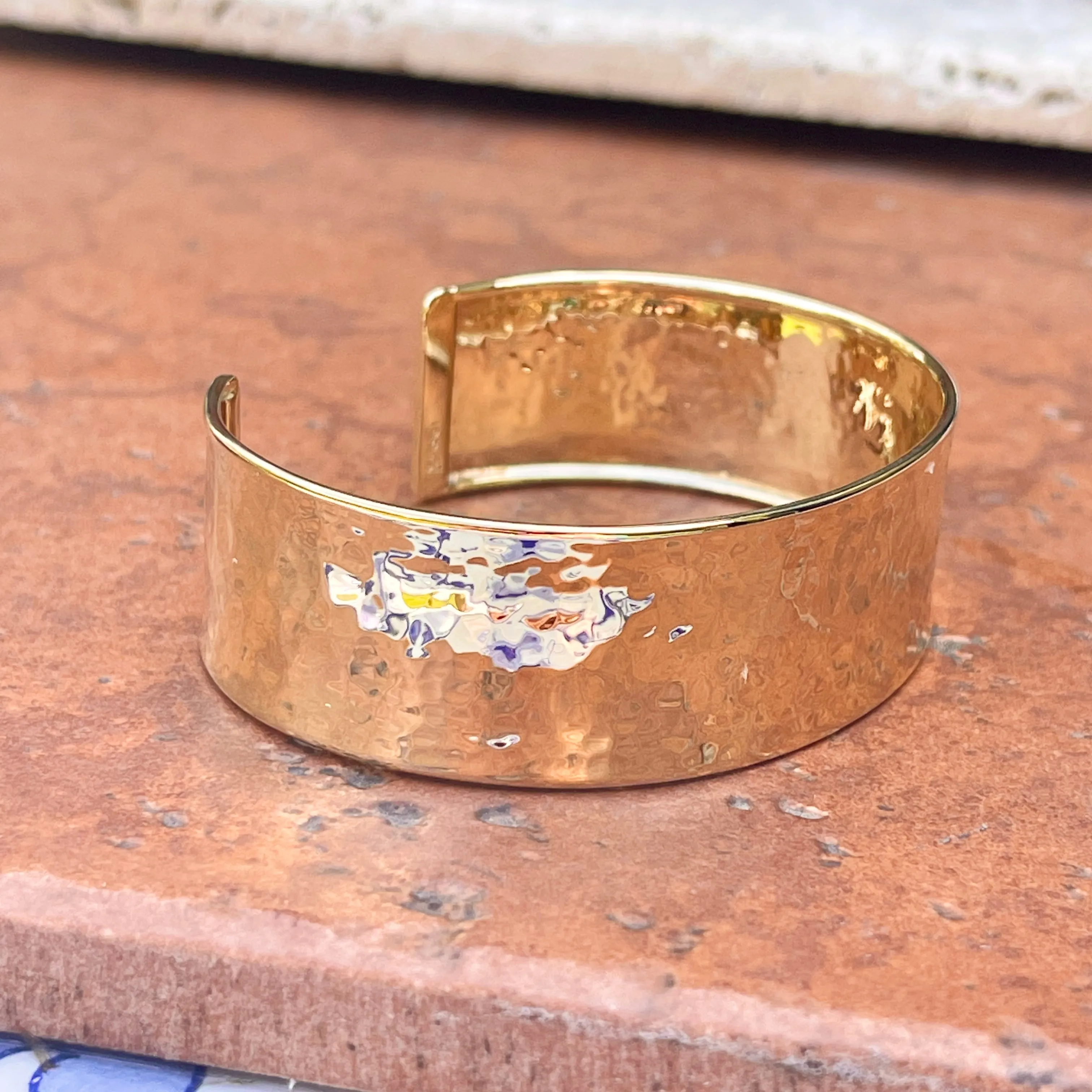 14KT Yellow Gold Hammered Cuff Bangle Bracelet 19mm
