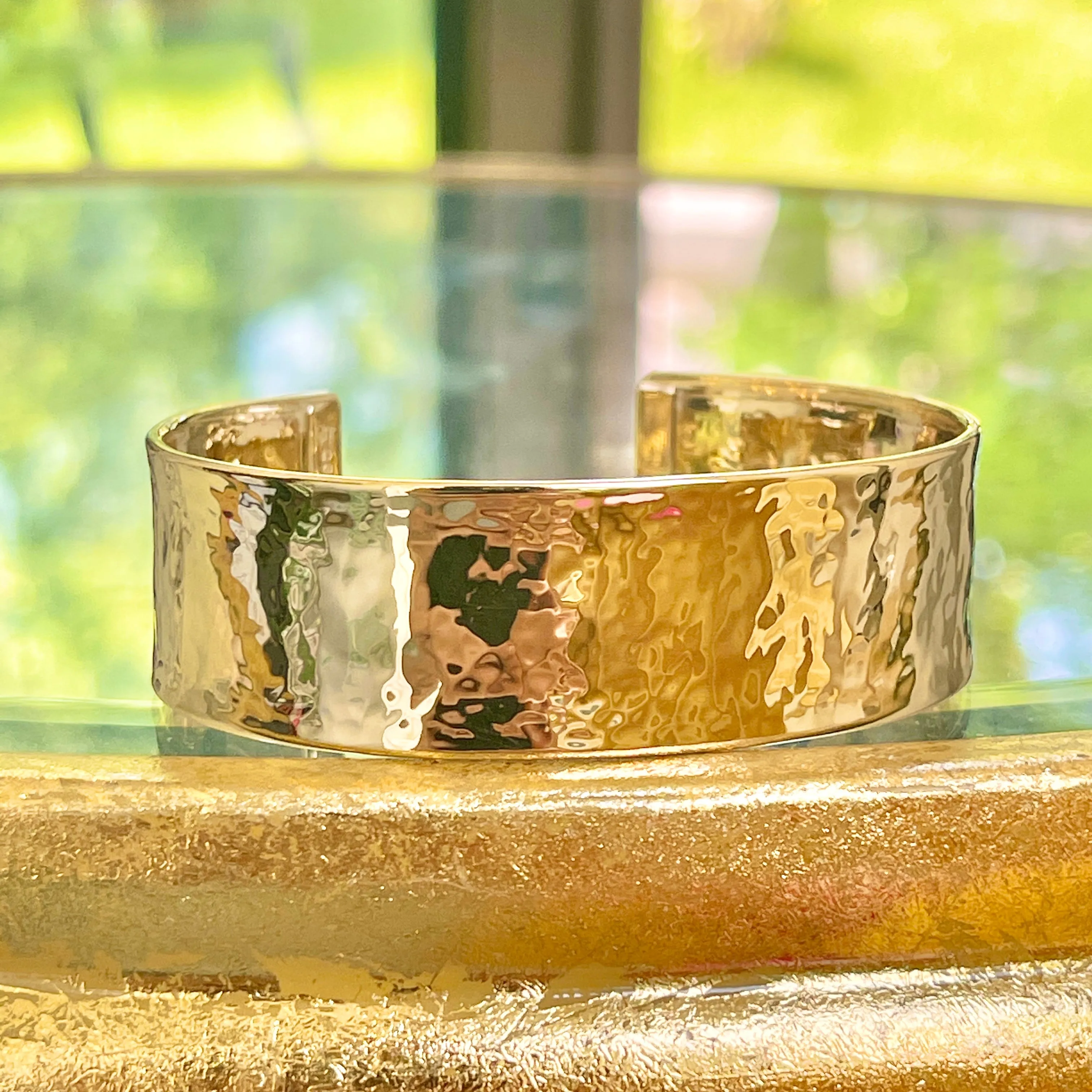 14KT Yellow Gold Hammered Cuff Bangle Bracelet 19mm