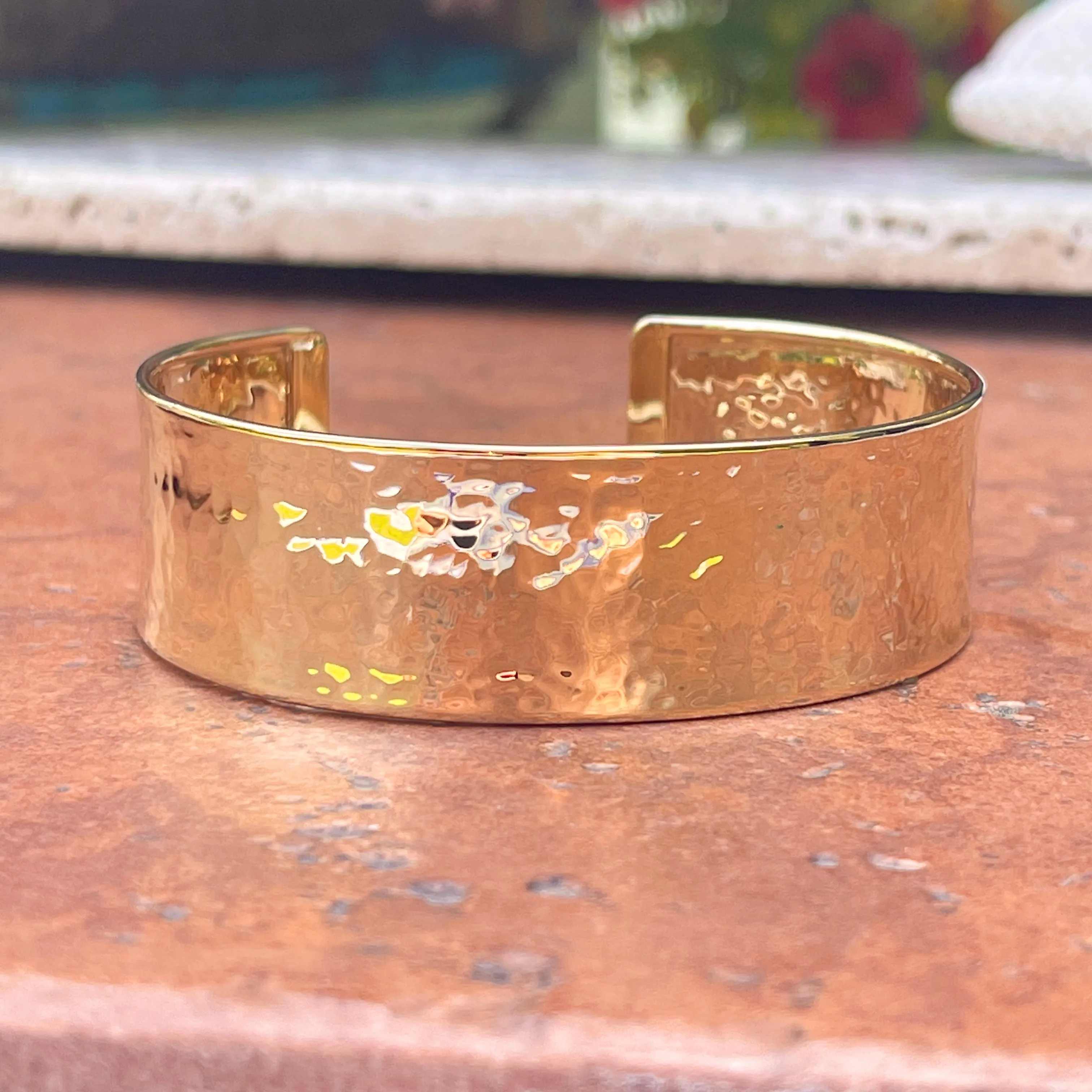 14KT Yellow Gold Hammered Cuff Bangle Bracelet 19mm