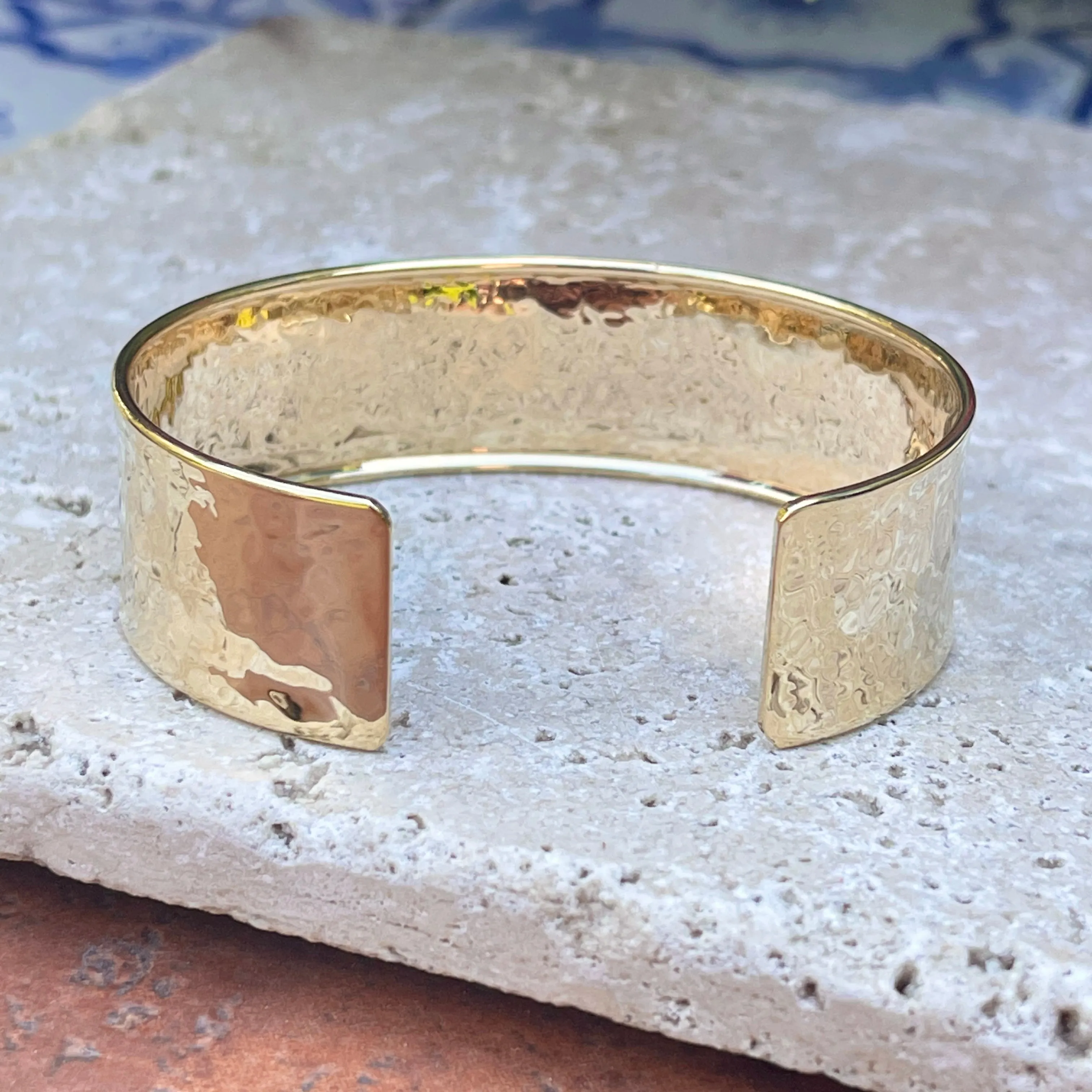 14KT Yellow Gold Hammered Cuff Bangle Bracelet 19mm