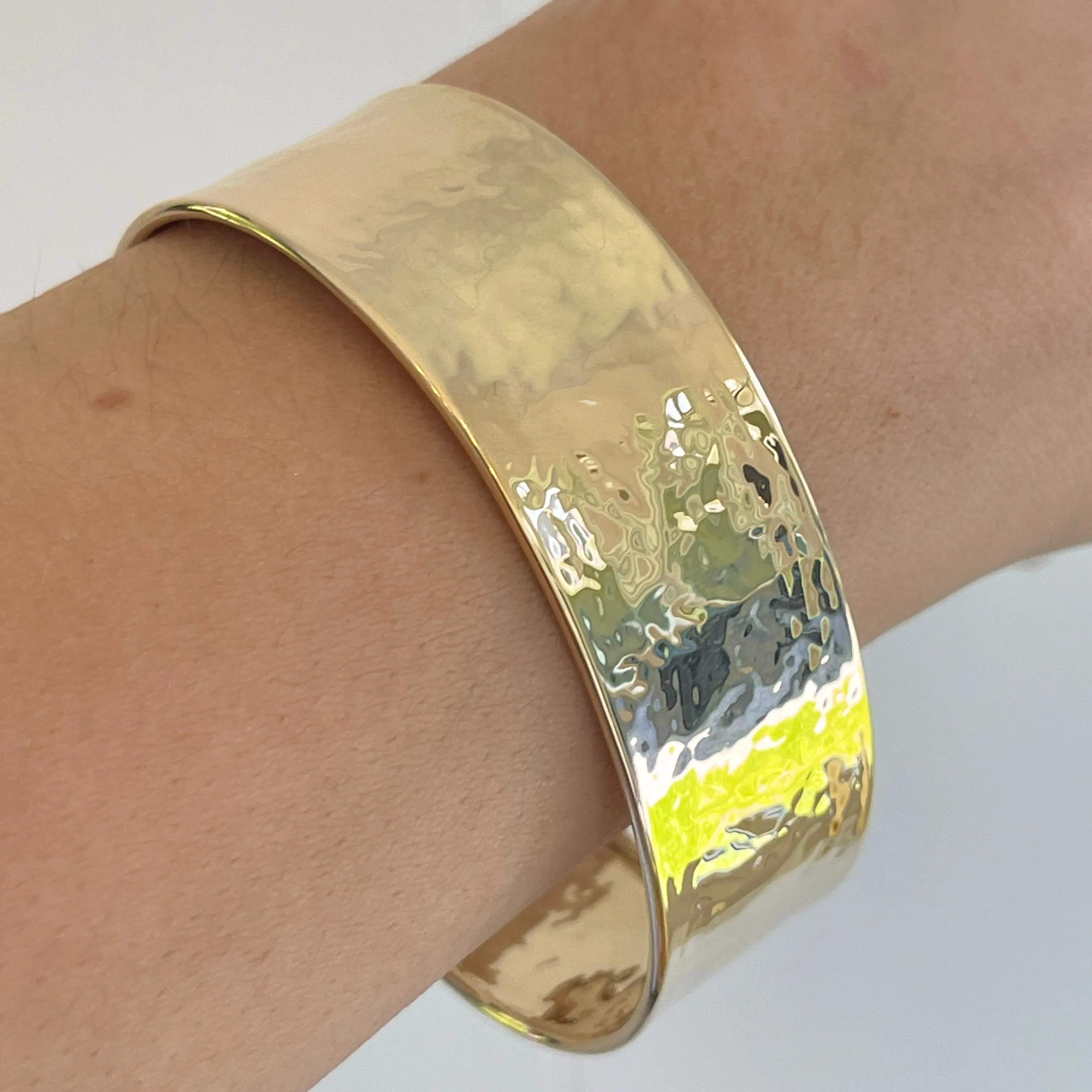 14KT Yellow Gold Hammered Cuff Bangle Bracelet 19mm