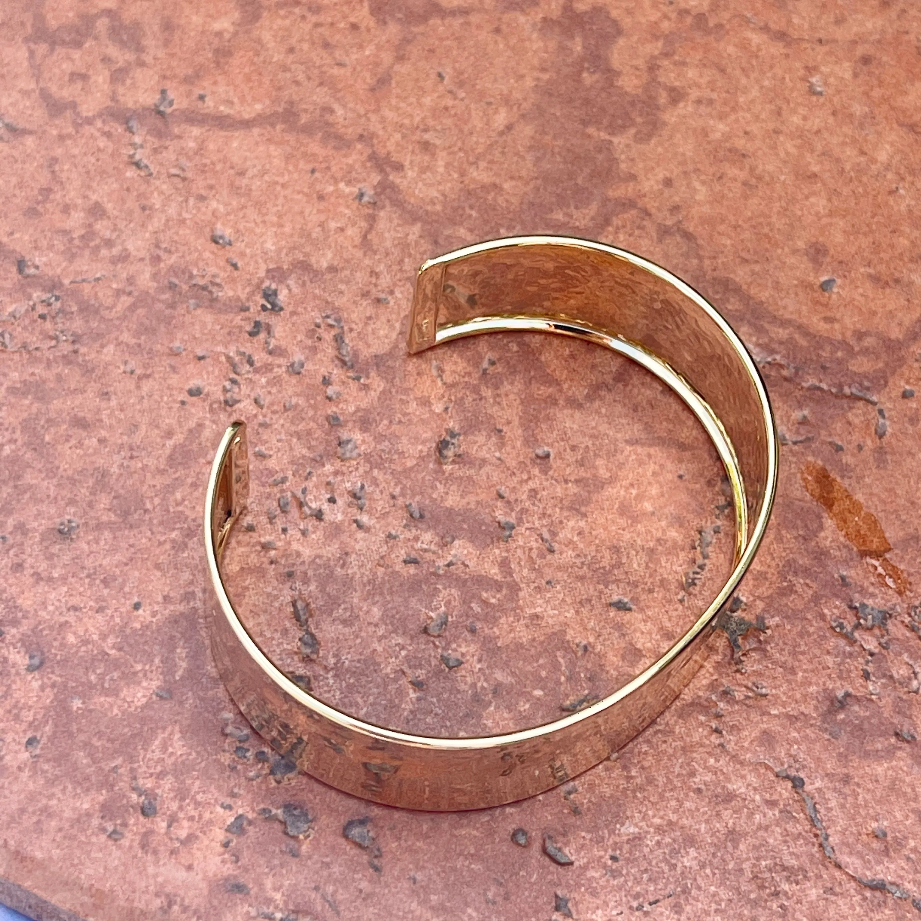 14KT Yellow Gold Hammered Cuff Bangle Bracelet 19mm