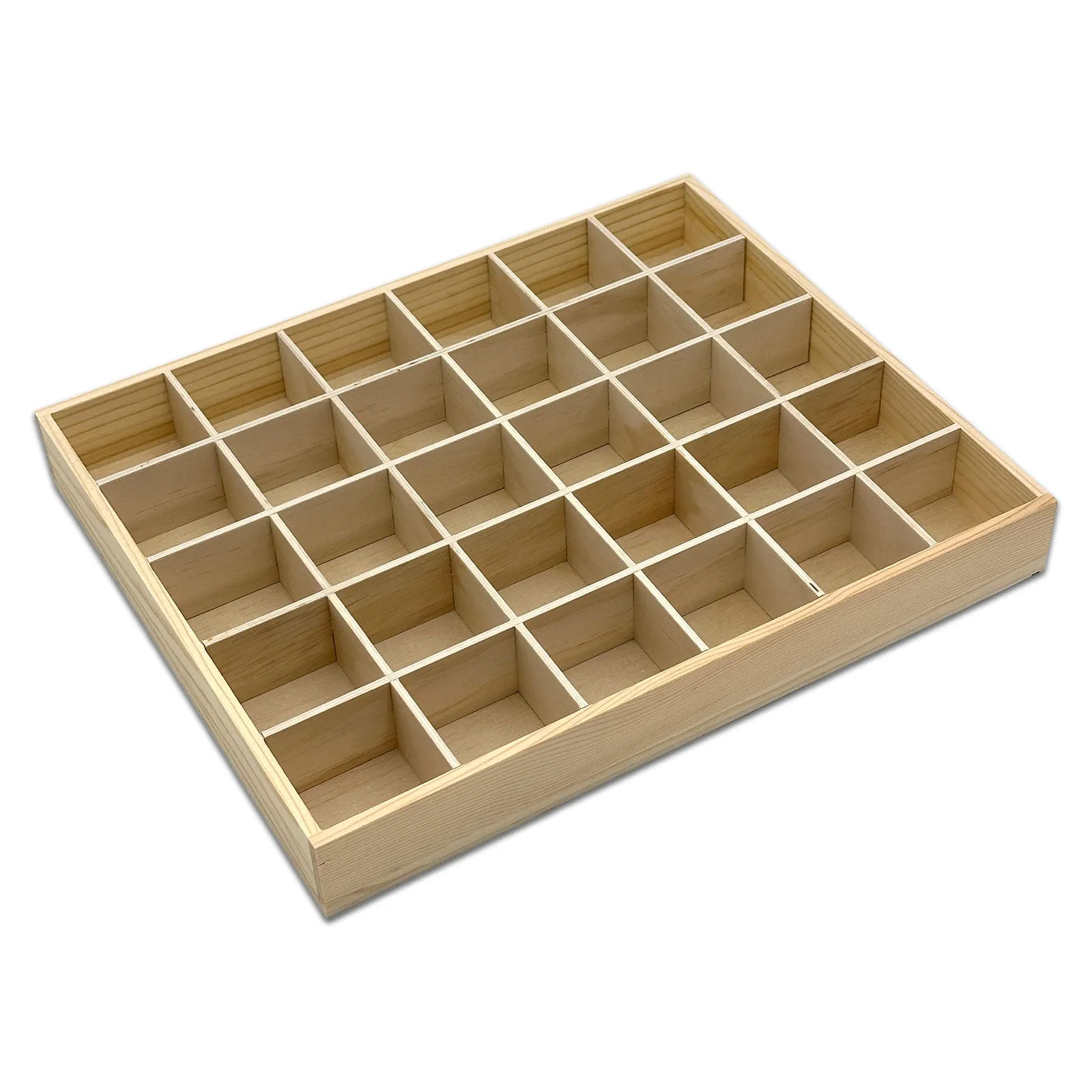 15 3/4" x 13" x 2" Natural Pine 30 Compartment Jewelry Display Tray