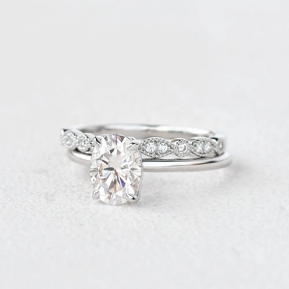 1.5ct Oval Moissanite Vintage Solitaire Ring Set 2pcs