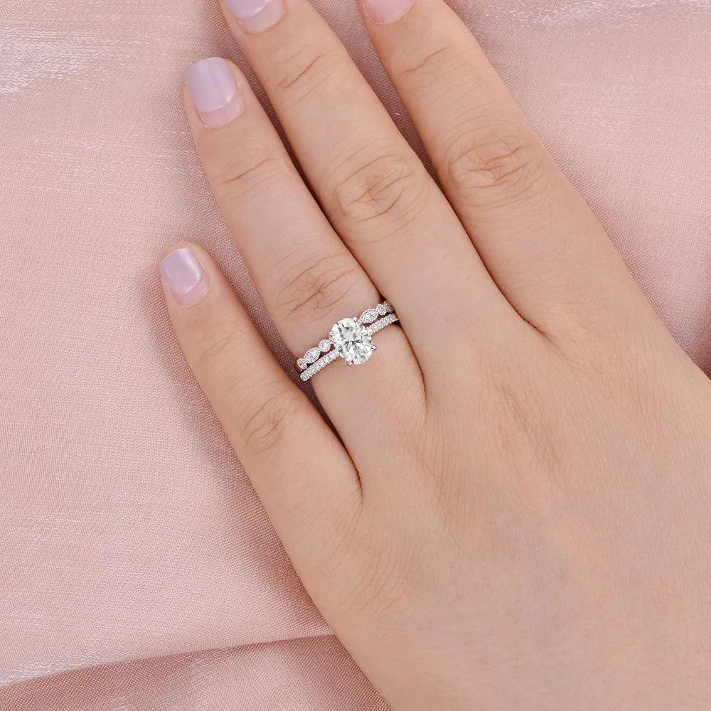 1.5ct Oval Moissanite Vintage Solitaire Ring Set 2pcs