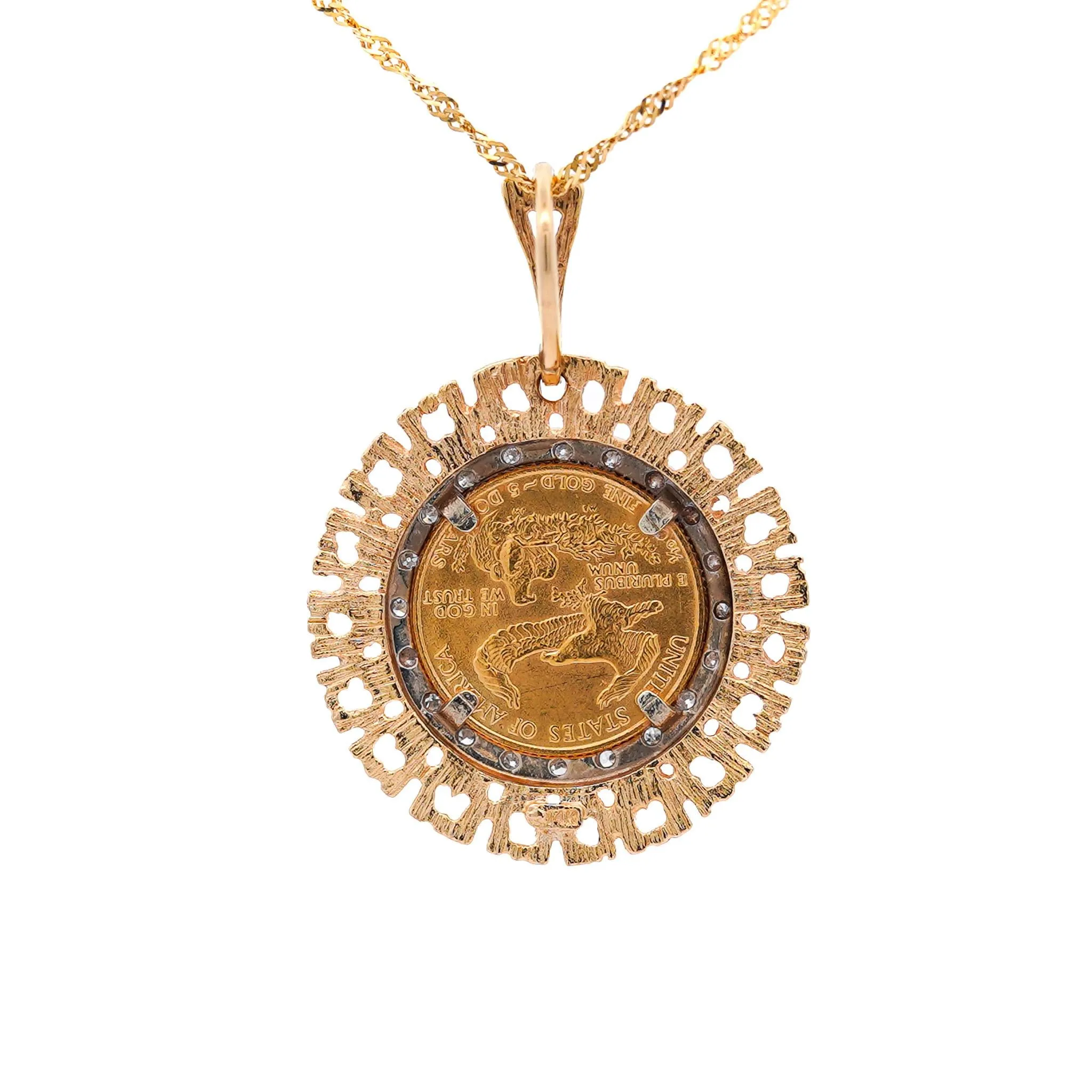22k Gold 5 Dollar Lady liberty Coin in 14K Gold Frame Pendant Necklace