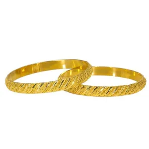 22K Yellow Gold Bangles Set of 2 W/ Detailed Hollow Domed Band, 29 gm