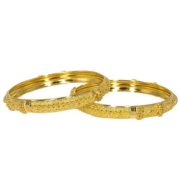 22K Yellow Gold Bangles Set of 2 W/ Domed Frame & Chunky Beaded Filigree, 32.4 gm