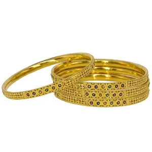 22K Yellow Gold Bangles Set of 4 W/ Enamel Flowers & Beaded Filigree, 56.2 gm