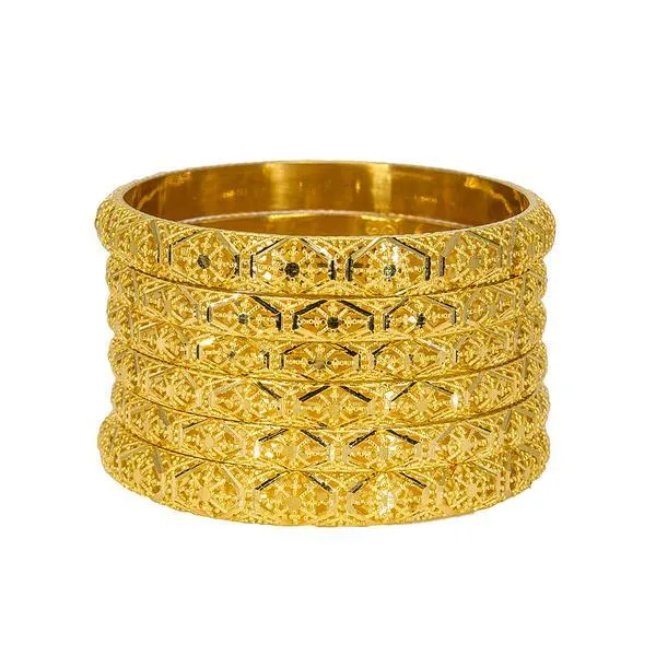 22K Yellow Gold Bangles Set of 6 W/ Detailed Hollow Domed Band & Beaded Filigree, 81.1 gm