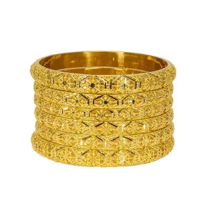 22K Yellow Gold Bangles Set of 6 W/ Detailed Hollow Domed Band & Beaded Filigree, 81.1 gm