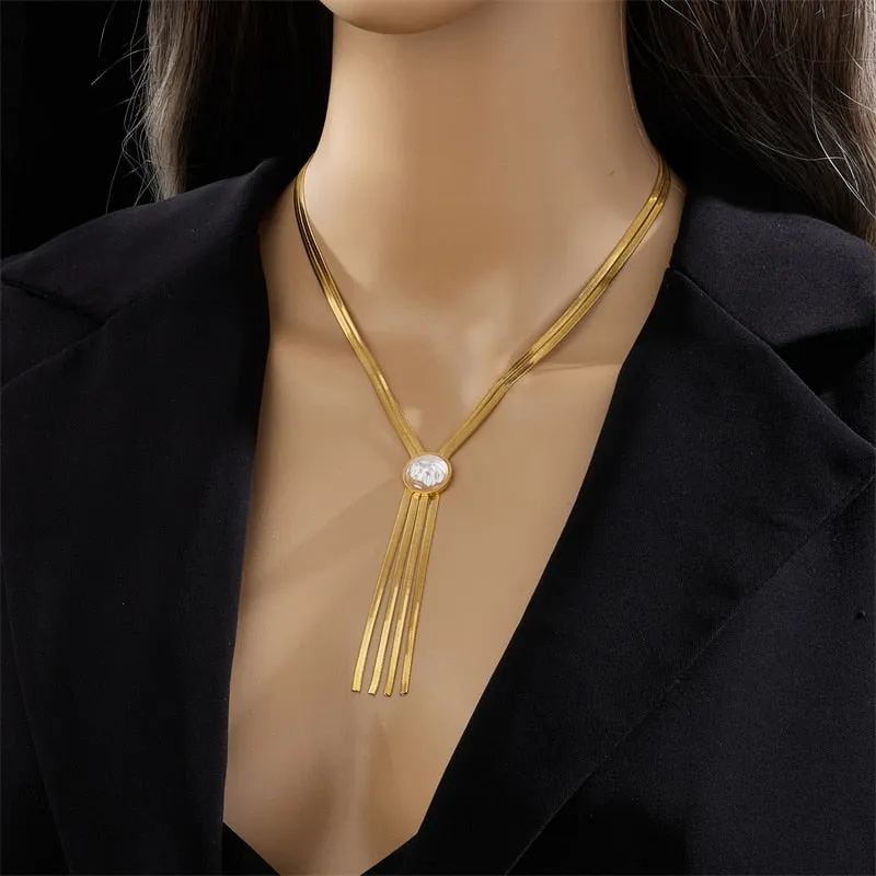 316L Stainless Steel Gold Color 2-Layer Pearl Tassel Necklace For Women