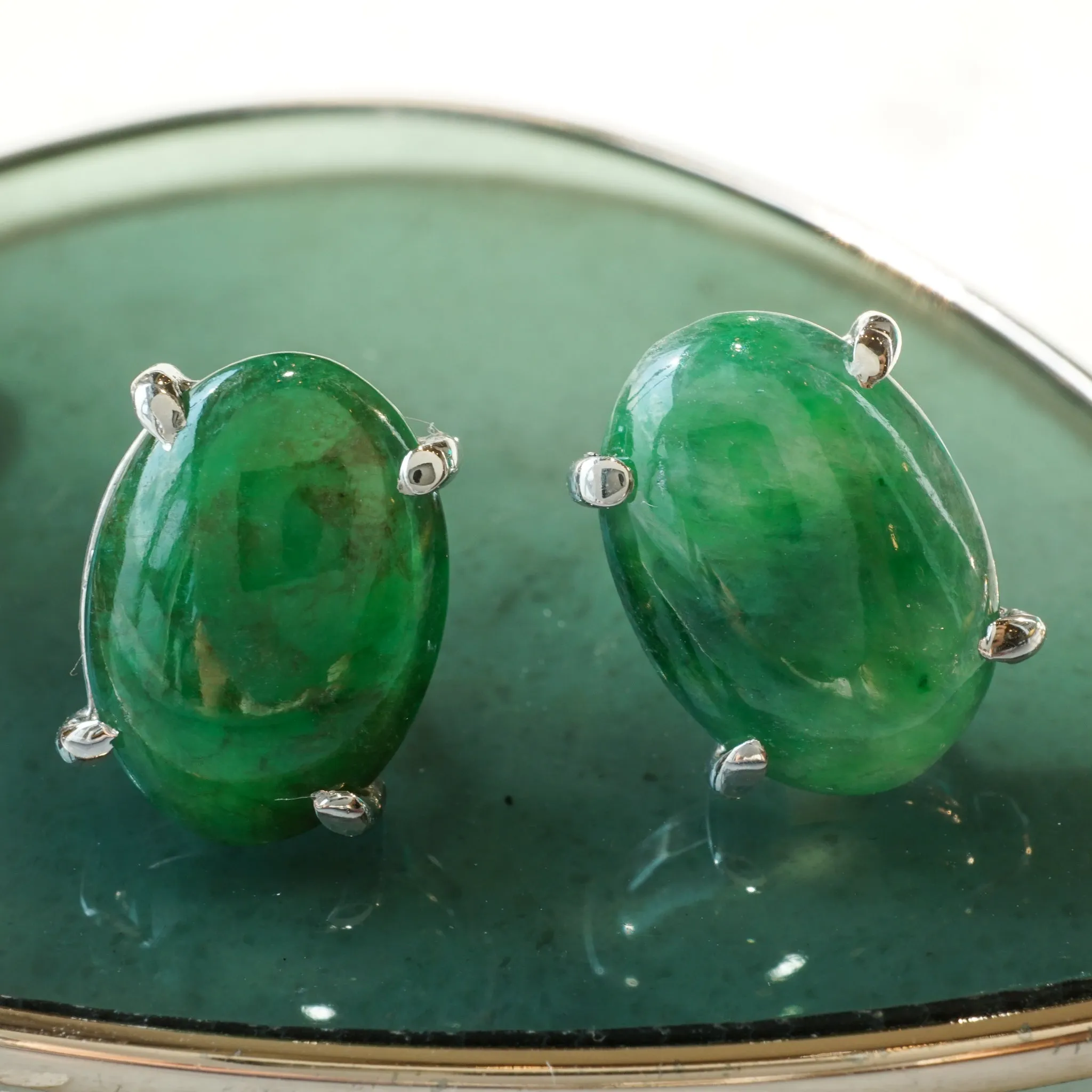 3.34 Cabochon Cut Jade Stud Earrings in 14k White Gold