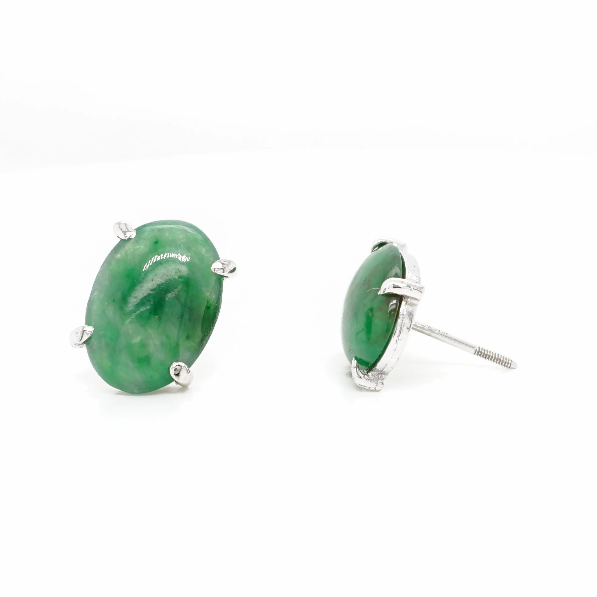 3.34 Cabochon Cut Jade Stud Earrings in 14k White Gold