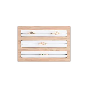 5 3/4" x 4" Wood White Leatherette 3 Row Ring Display Stand