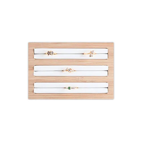 5 3/4" x 4" Wood White Leatherette 3 Row Ring Display Stand