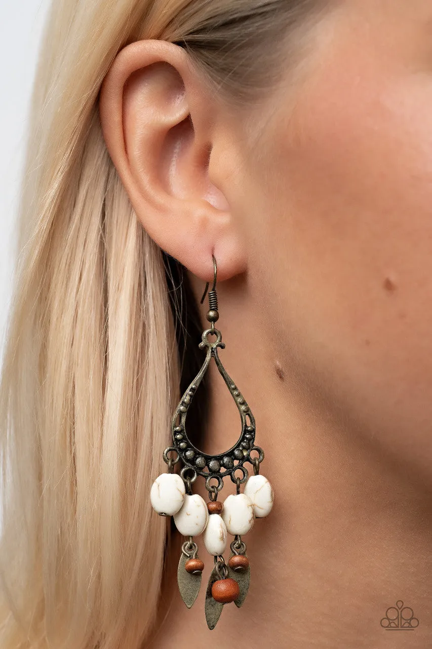 Adobe Air - Brass - White Stone and Wooden Bead Paparazzi Fishhook Earrings