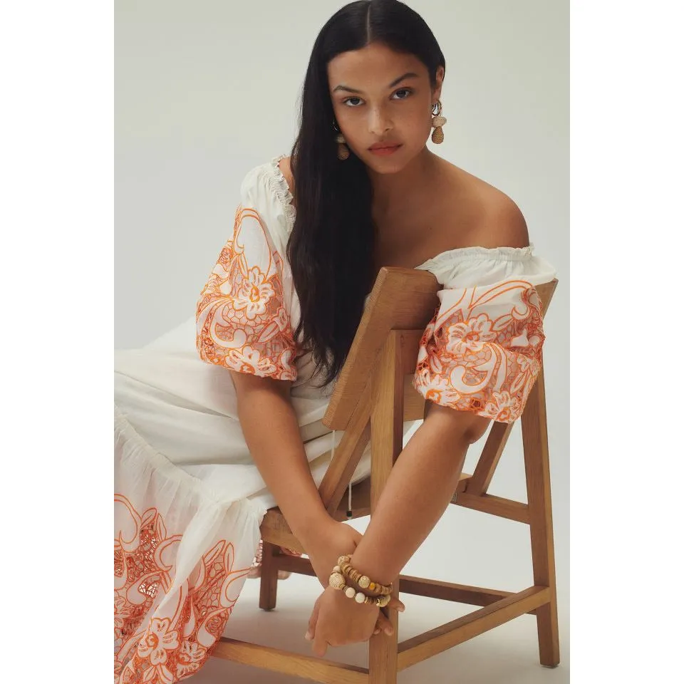 Anthropologie Tina Puff-Sleeved Embroidered Maxi Dress