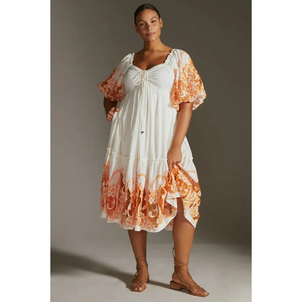Anthropologie Tina Puff-Sleeved Embroidered Maxi Dress