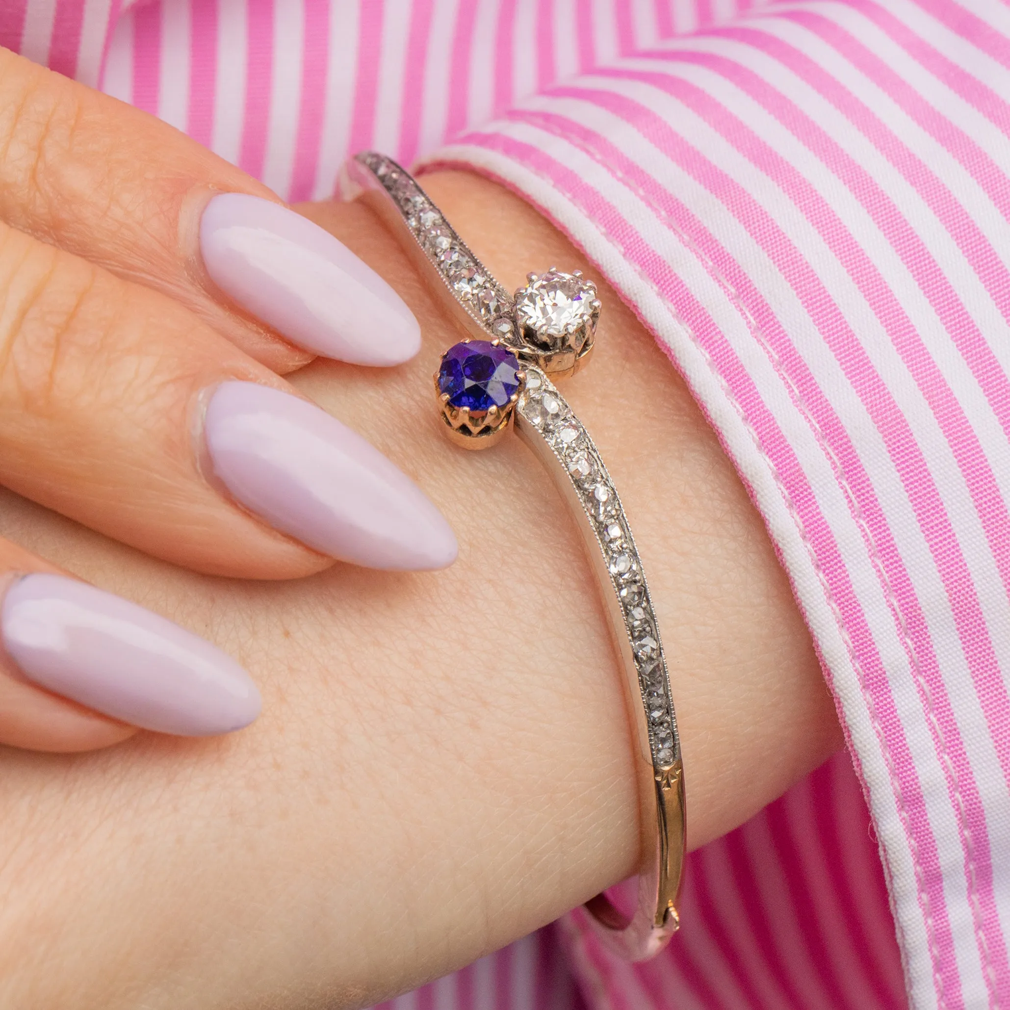 Antique 15ct Gold Kashmir Sapphire & Diamond Toi et Moi Bangle, 1.10ct Diamonds