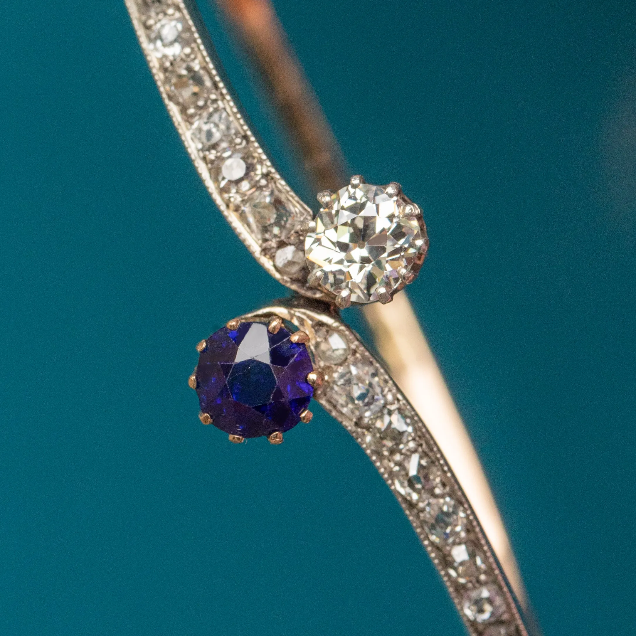 Antique 15ct Gold Kashmir Sapphire & Diamond Toi et Moi Bangle, 1.10ct Diamonds