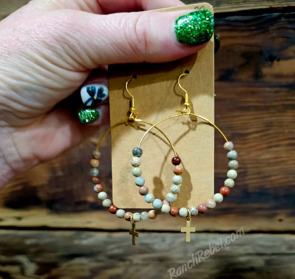 Aqua Terra Hoops with Gold Cross #5956