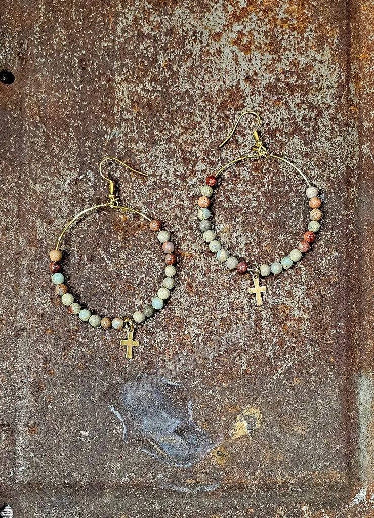 Aqua Terra Hoops with Gold Cross #5956