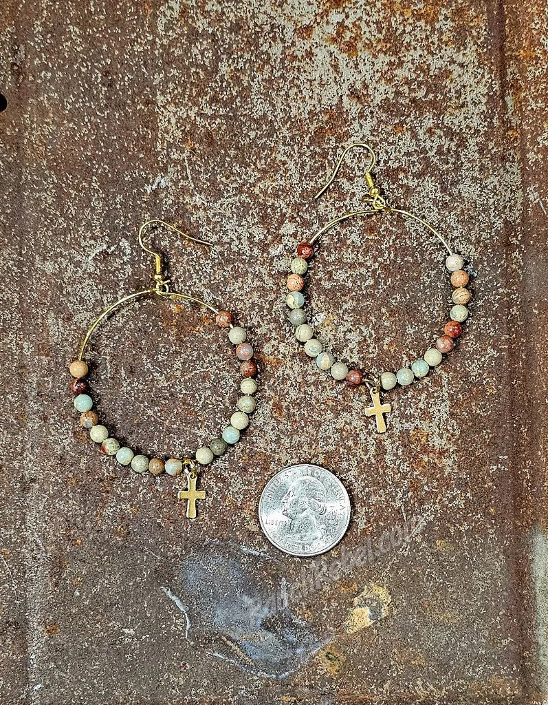 Aqua Terra Hoops with Gold Cross #5956