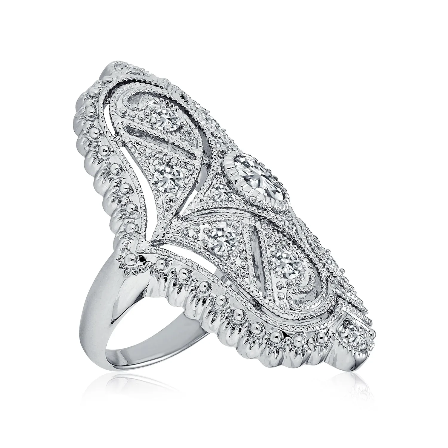 Art Deco Boho Vintage Cocktail Statement Ring with CZ and Rhodium Plating