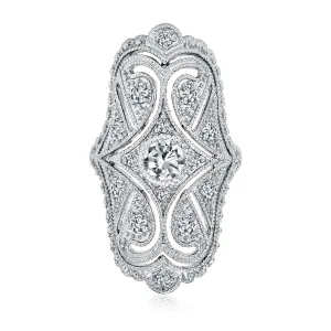Art Deco Boho Vintage Cocktail Statement Ring with CZ and Rhodium Plating