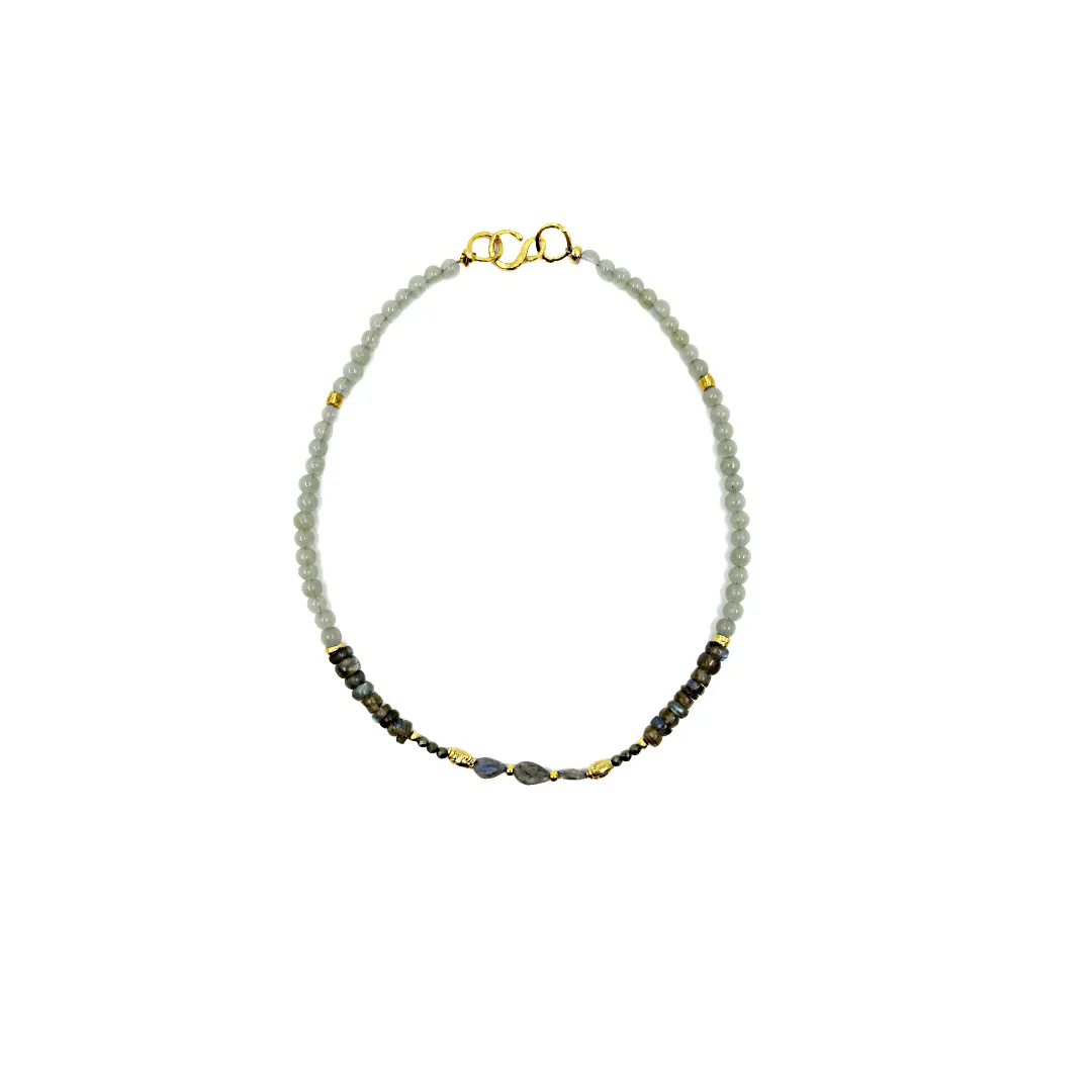 ARTIZ | 'Spring Collection (32)' Necklace | Green aventurine natural stone / labradorite / bronze with gold pieces / pyrite