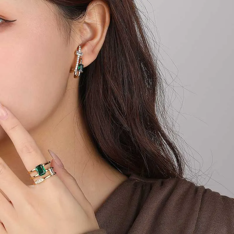 Asscher Cut Green Emerald Open Ring-Gold Plating