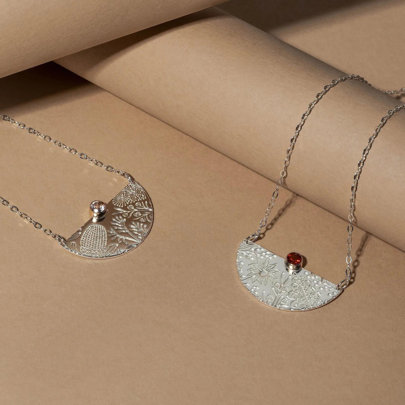 Australian Flora Pattern & Fire Opal Necklace
