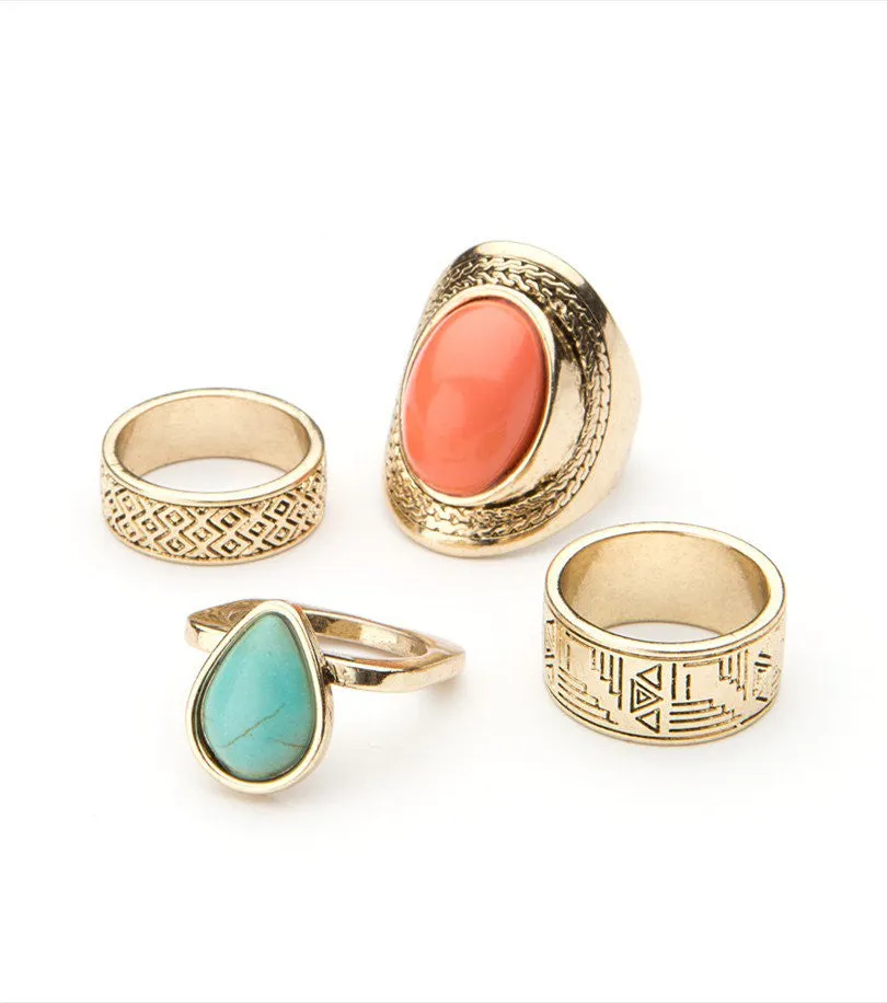 Aztec Ring Set ANT. GOLD/TURQUOISE