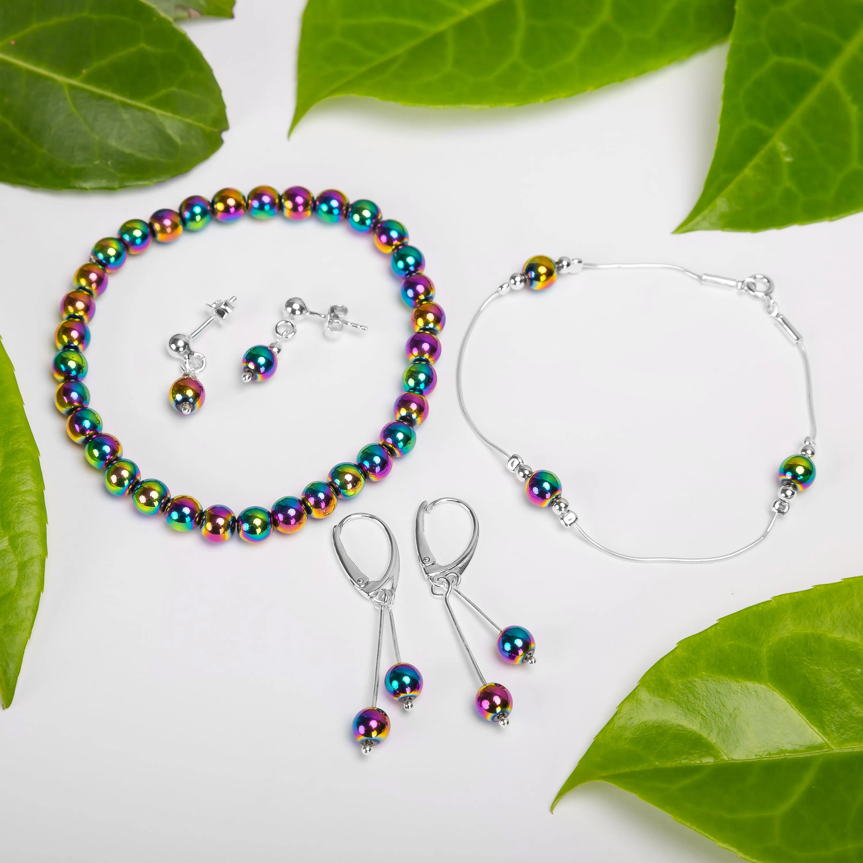 Bead Bracelet in Silver and Rainbow Titanium