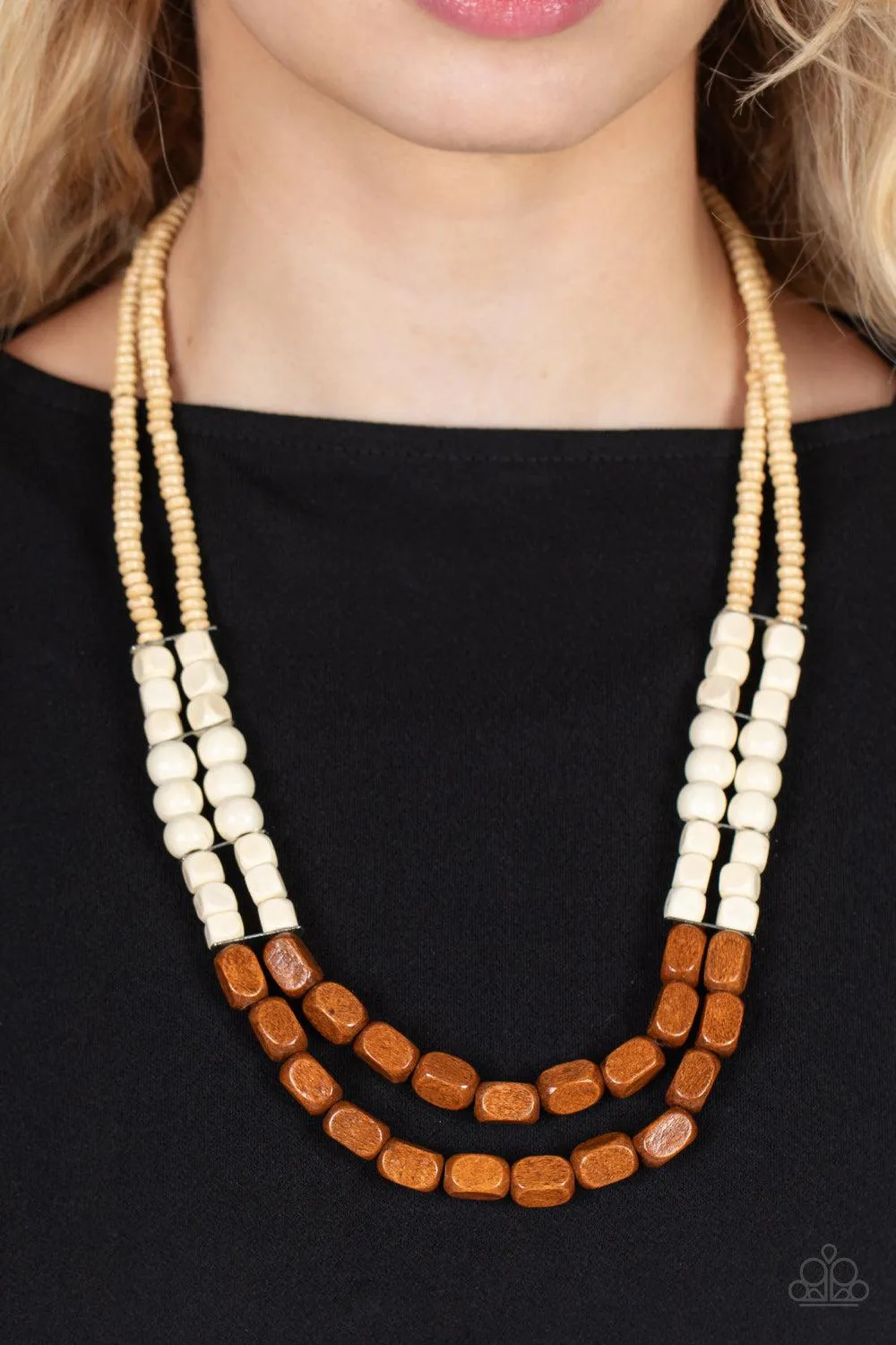 Bermuda Bellhop Brown & White Wood Necklace - Paparazzi Accessories