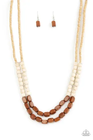 Bermuda Bellhop Brown & White Wood Necklace - Paparazzi Accessories