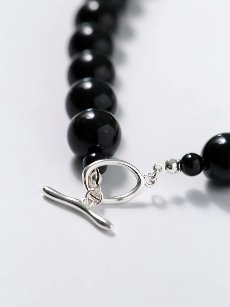 Black Agate Beaded OT Buckle Necklace-14mm