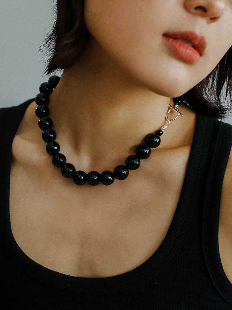 Black Agate Beaded OT Buckle Necklace-14mm