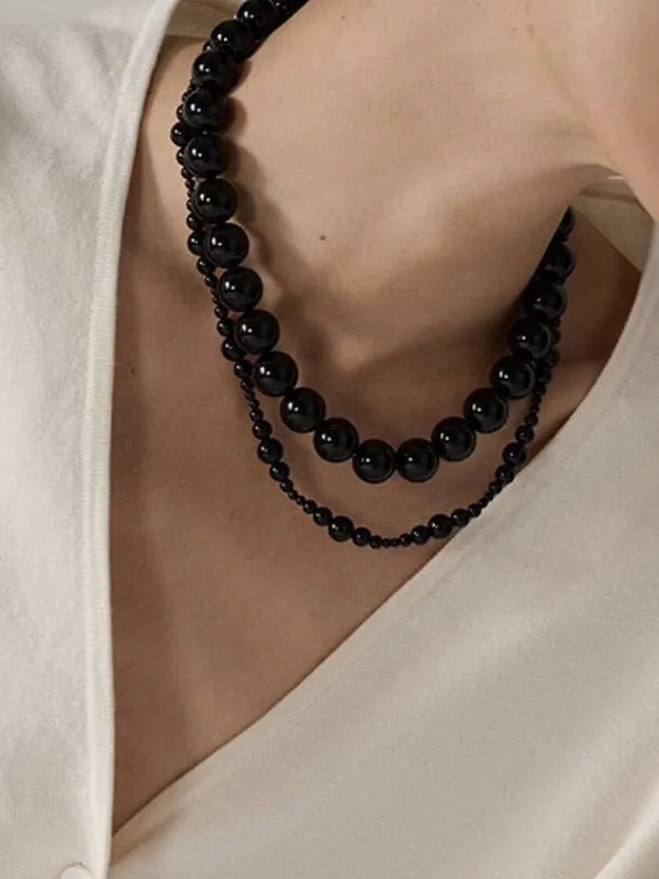 Black Agate Beaded OT Buckle Necklace-14mm