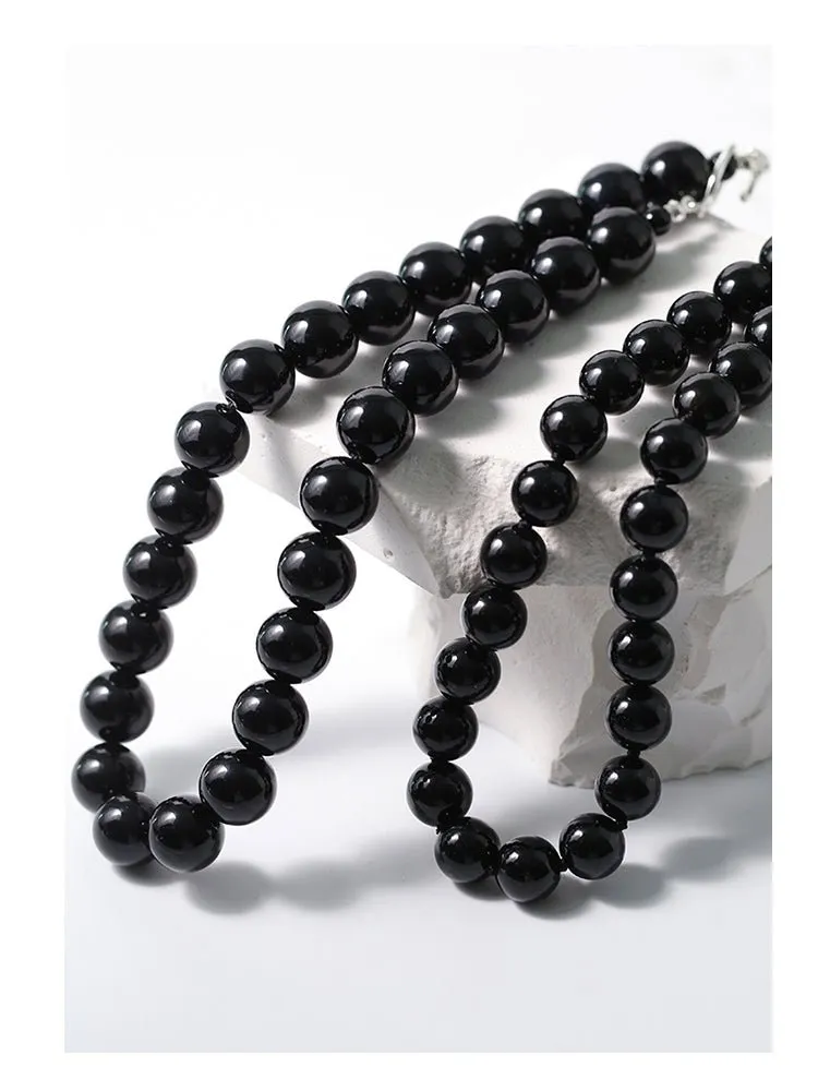 Black Agate Beaded OT Buckle Necklace-14mm